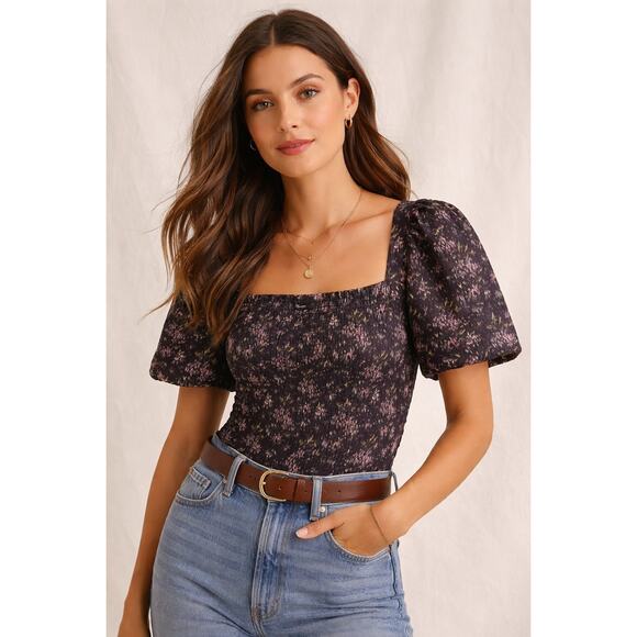 Madewell Tops - Madewell Floral Smocked Puff Sleeve Top | Dark Romantic Print